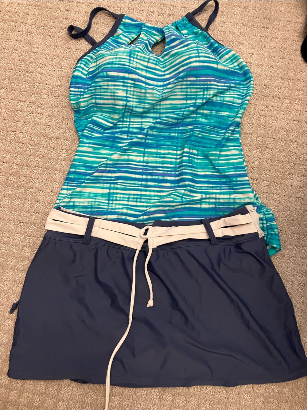 Free Country Teal, Aqua & Slate Striped Tankini with Slate Swim Skort